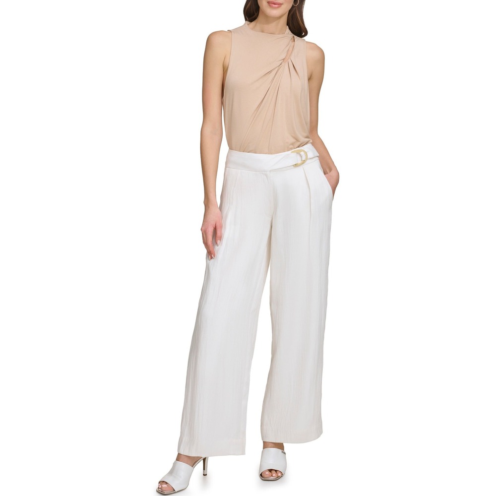 DKNY Trousers Women Size 12 Cream Belted Wide Leg Pleated Front Pants